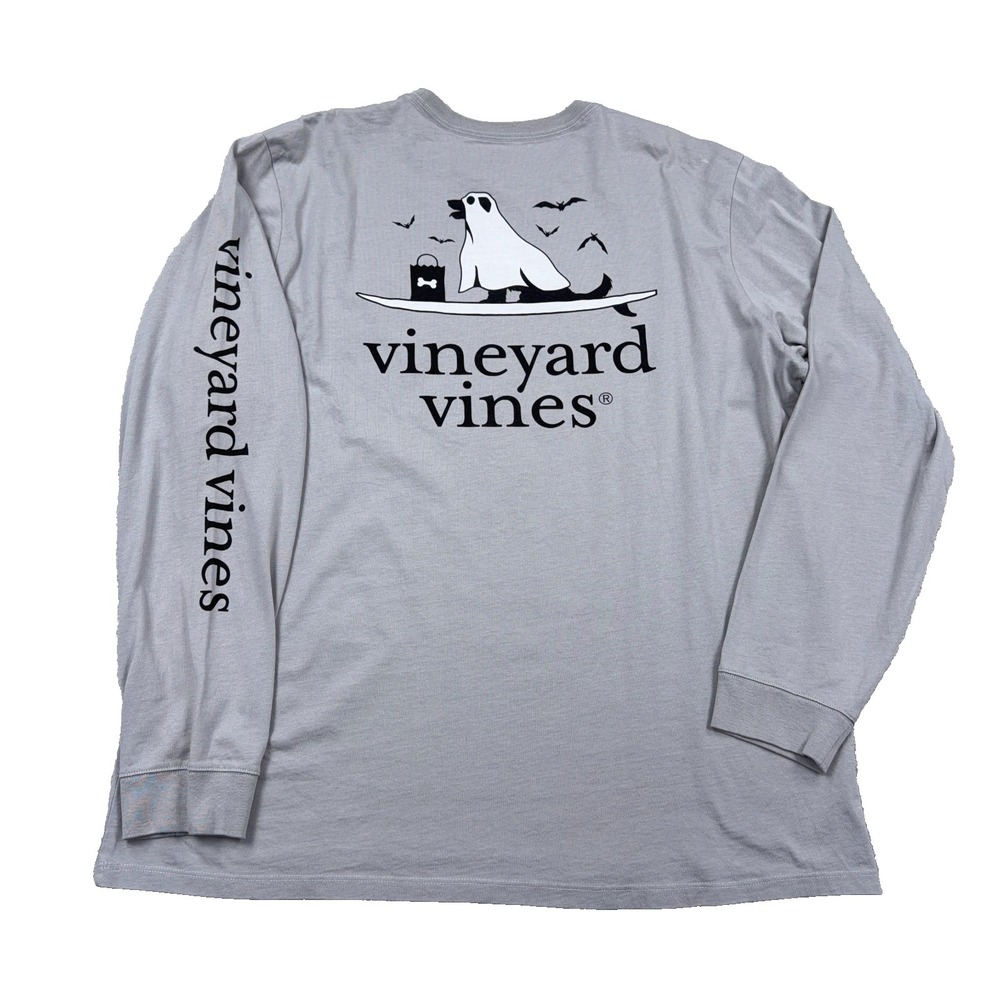 Vineyard Vines Shirt Men XL Pocket Tee Gray Long Sleeve Halloween Ghost Dog